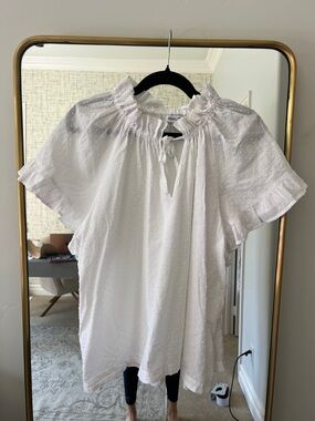 Paolita White Swiss Dot Ruffle-Neck Flutter Sleeve Blouse